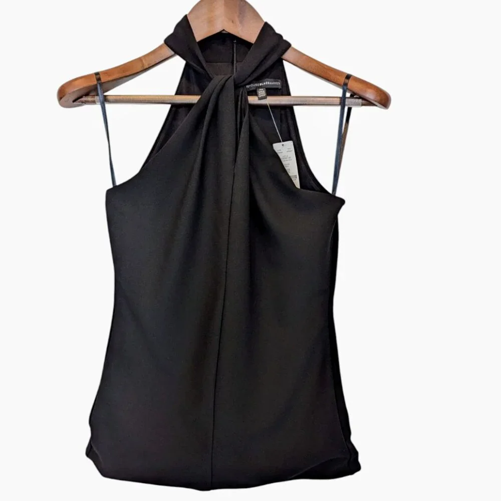 NWT WHBM White House Black Market, Twist Halter Top Blouse, Size XS, Color Black - Picture 2 of 5